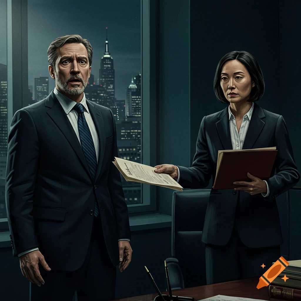 A man in a suit looks shocked as a woman in a suit hands him a document in an office with a city skyline in the background.