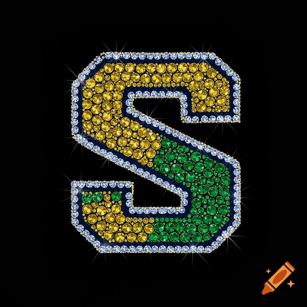 Large letter S made of yellow and green gems outlined with white gems on black.