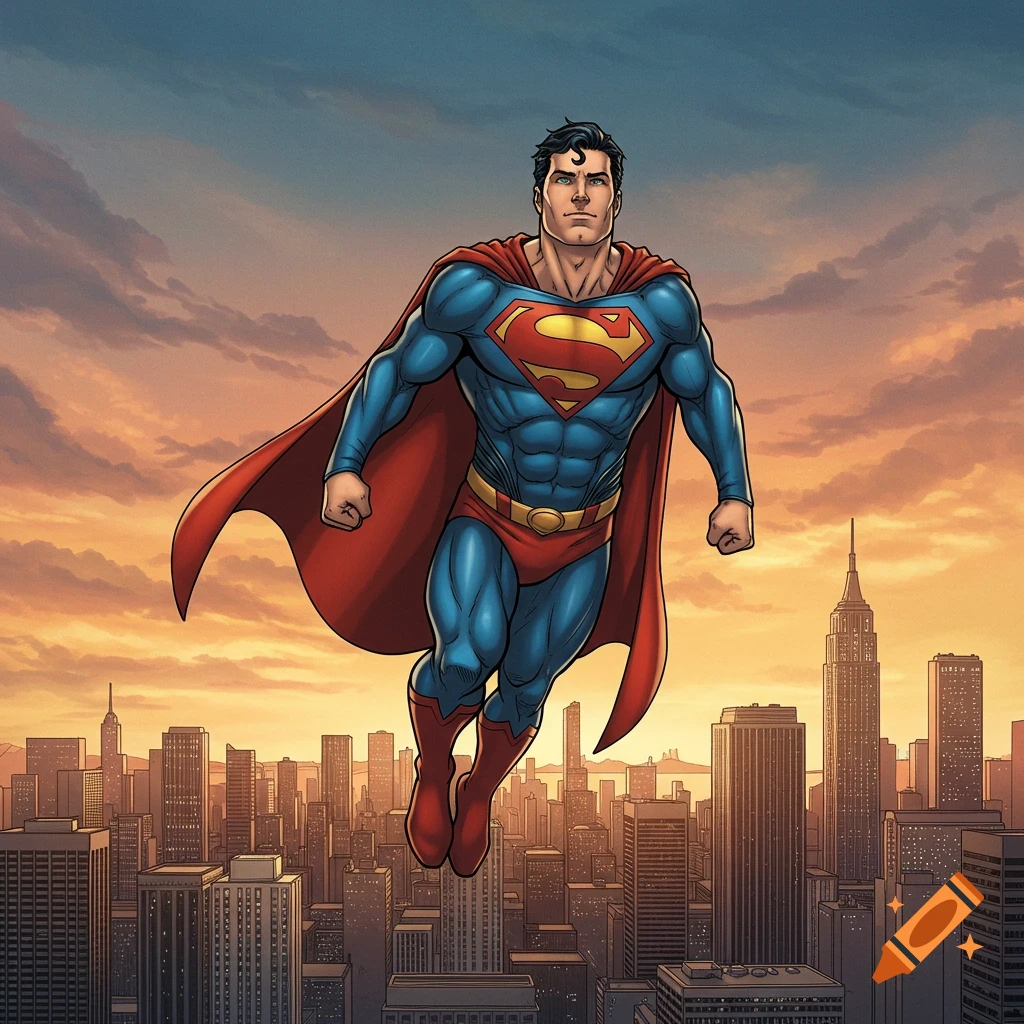 Superman flies over a city skyline at sunset.