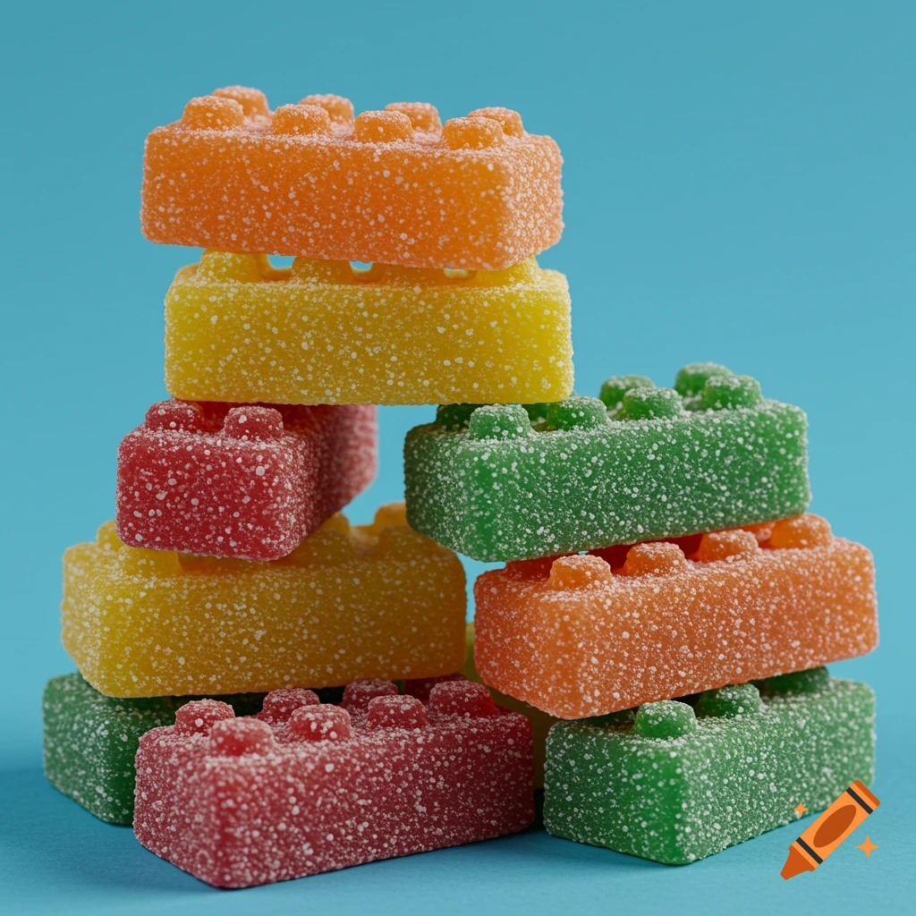 A stack of colorful gummy candies shaped like LEGO bricks against a blue background.