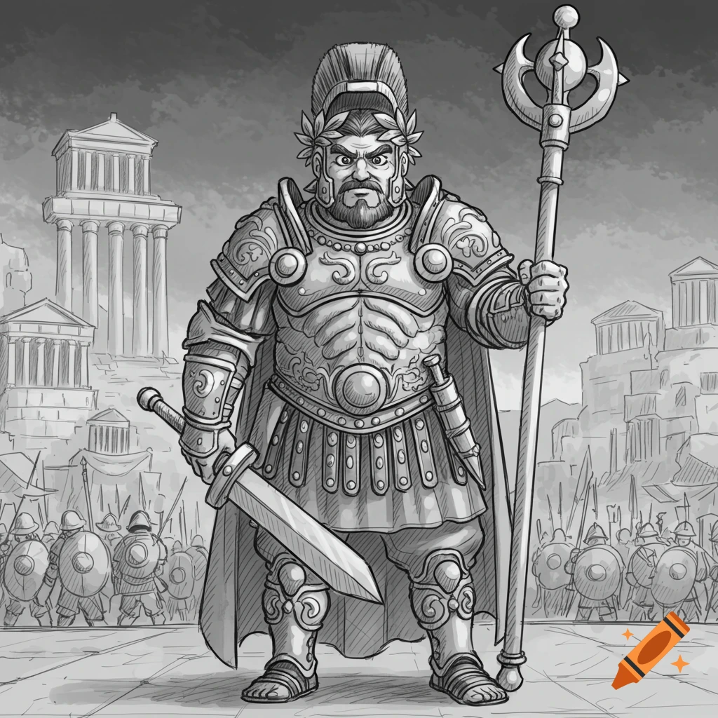Black and white sketch of a Roman emperor in detailed armor holding a sword and staff, standing before his army and ancient buildings.