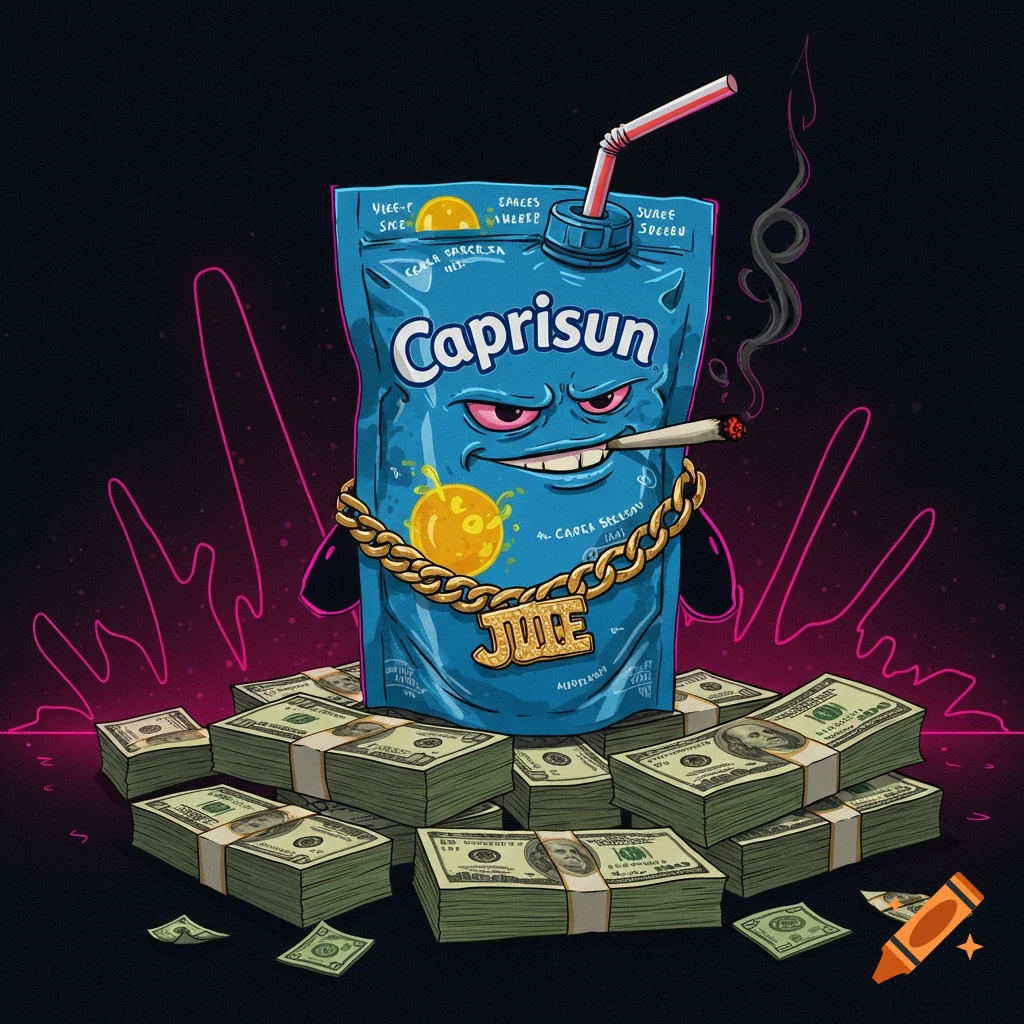 Stylized cartoon of a Capri-Sun pouch with a face, gold chain, smoking, sitting on stacks of money.