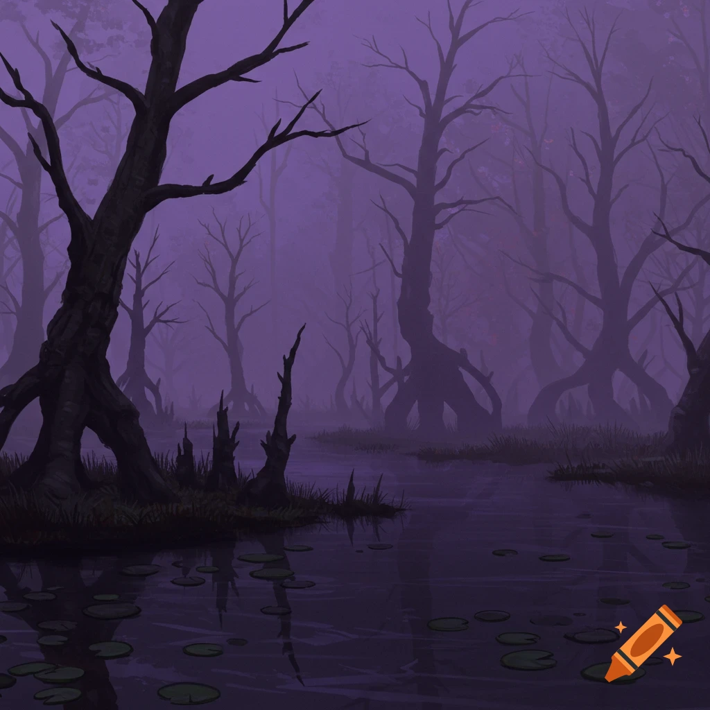A spooky misty purple swamp with bare trees and lily pads.