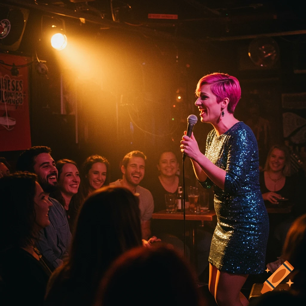 A woman with pink hair performs stand-up comedy on a stage in a dimly lit club.