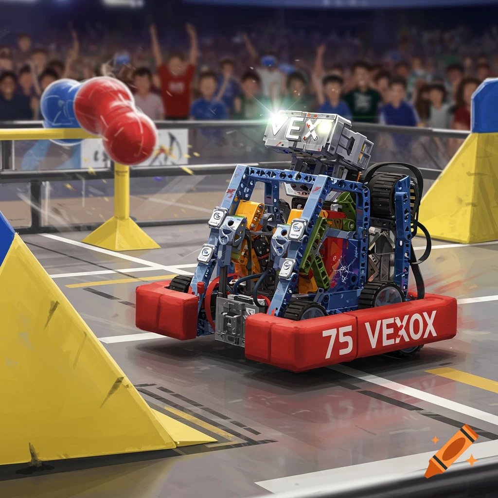 A Vex robot competing in an arena with a crowd watching.
