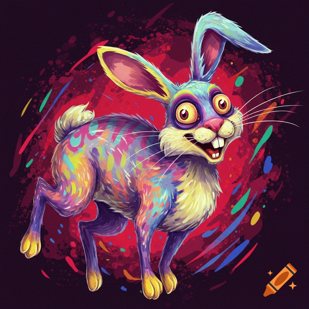 A vibrant, stylized image of a crazy-looking rabbit jumping with colorful splatters.