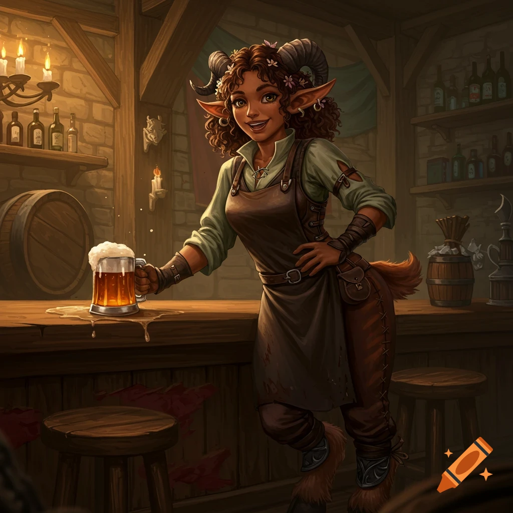 A female faun bartender holds a frothy beer in a tavern.