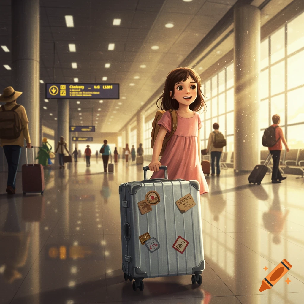A young girl pulls a suitcase through a busy airport terminal, illustration style.
