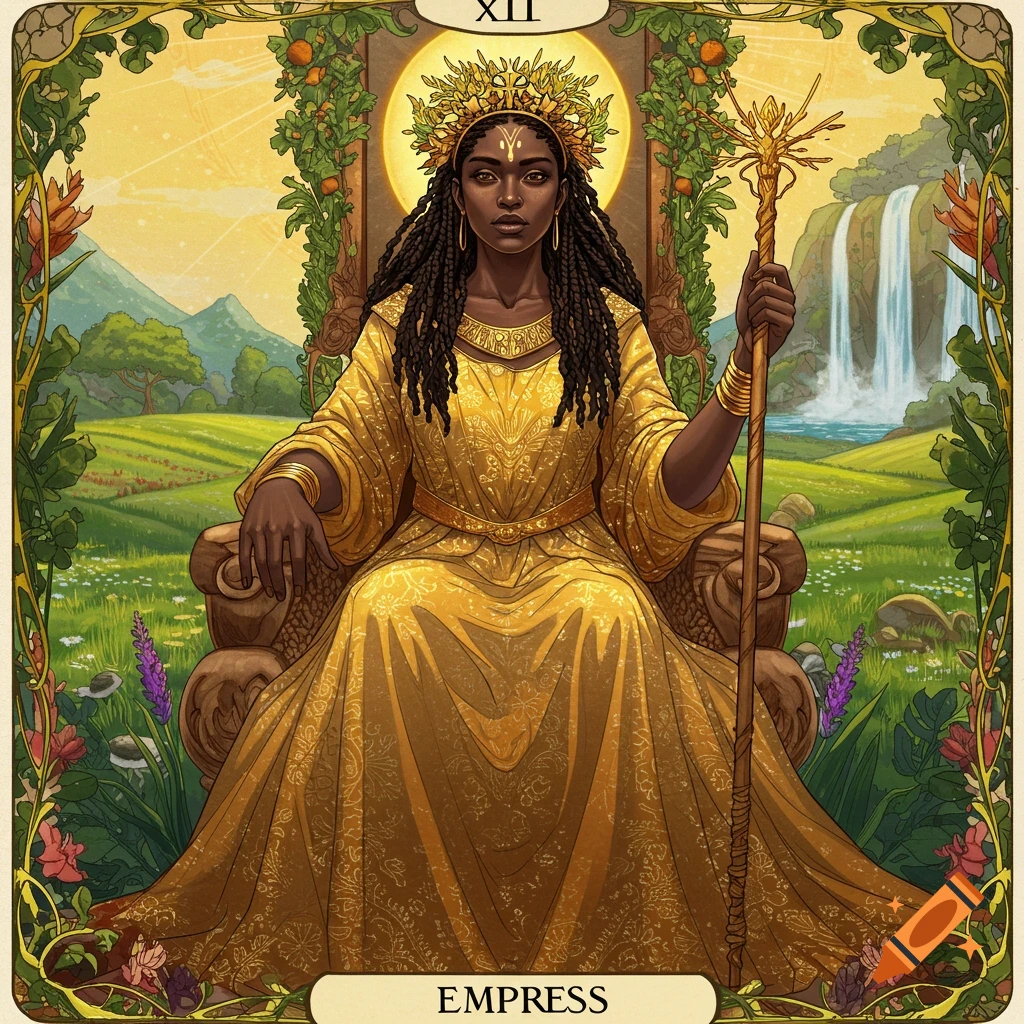 A Black woman empress sits on a throne, holding a scepter, in a fantasy landscape. Text reads 'XII' and 'EMPRESS'.