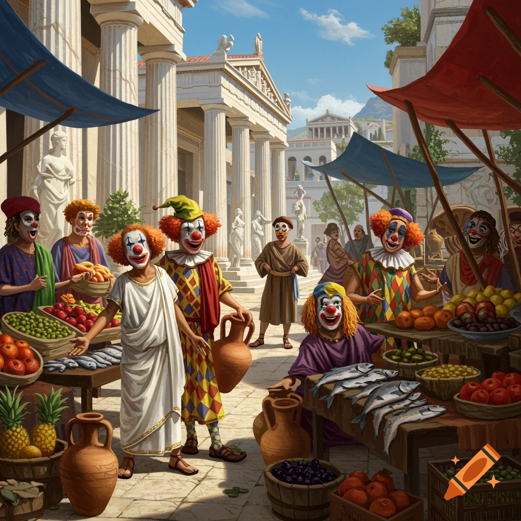 Clowns are in an Ancient Greek marketplace selling goods like fruit, fish, and pottery.