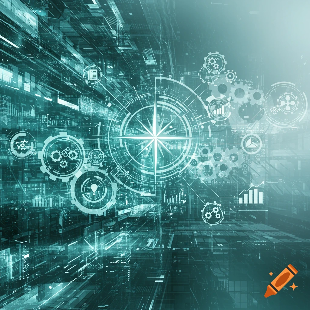 Abstract representation of business strategy with glowing technological elements, gears, and charts.