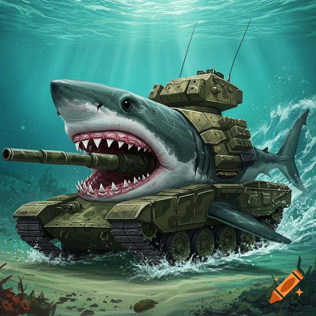 a shark combined with a military tank, driving underwater