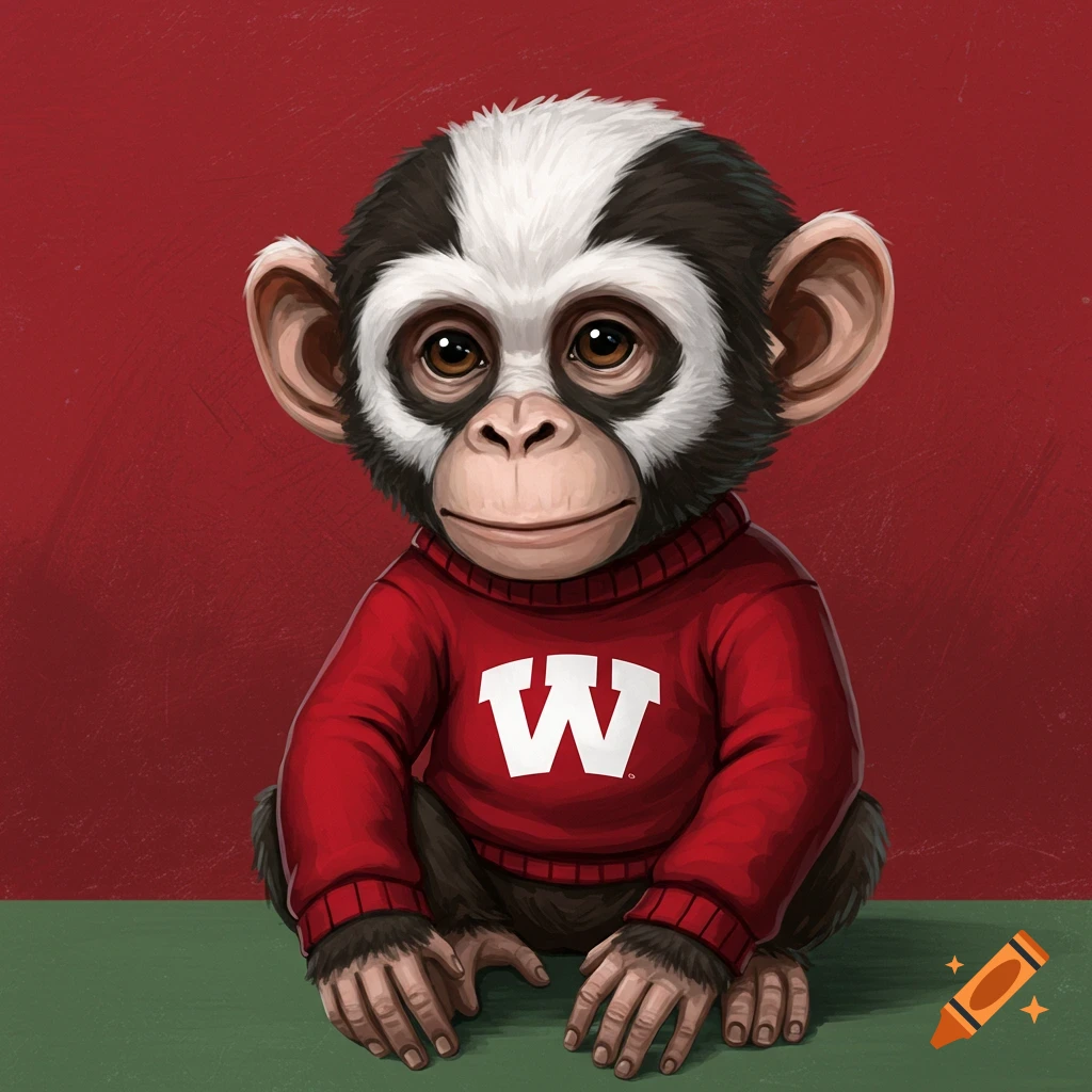 A cute monkey with badger markings wearing a red sweater with a white 'W'.