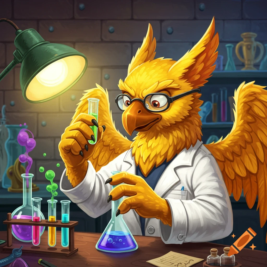 Cartoon gryphon in lab coat holding a test tube in a science lab.