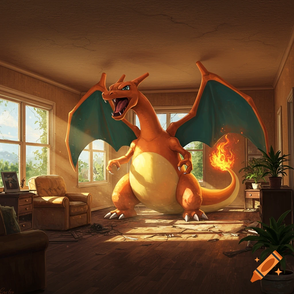A giant Charizard stands in a damaged room in a house.