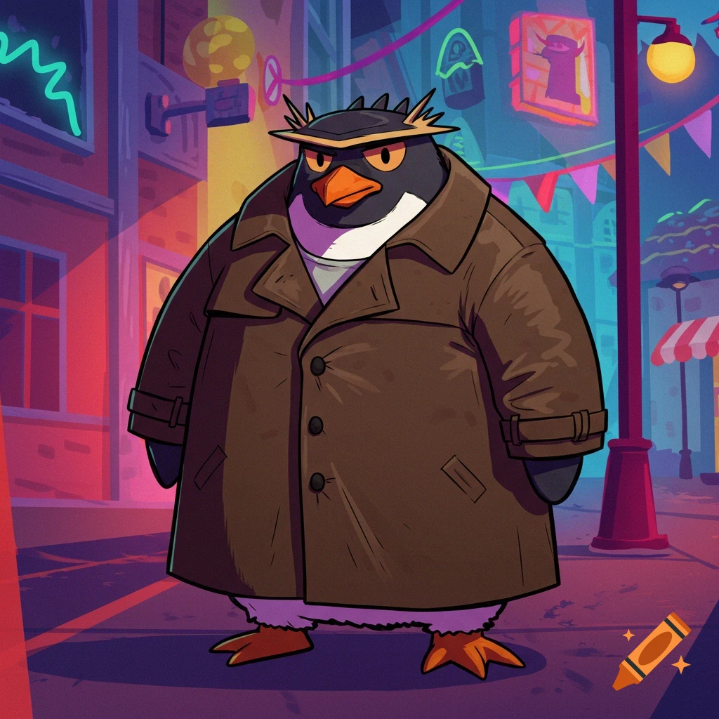 A cartoon Rockhopper penguin in a trench coat stands in a stylized city street at night.