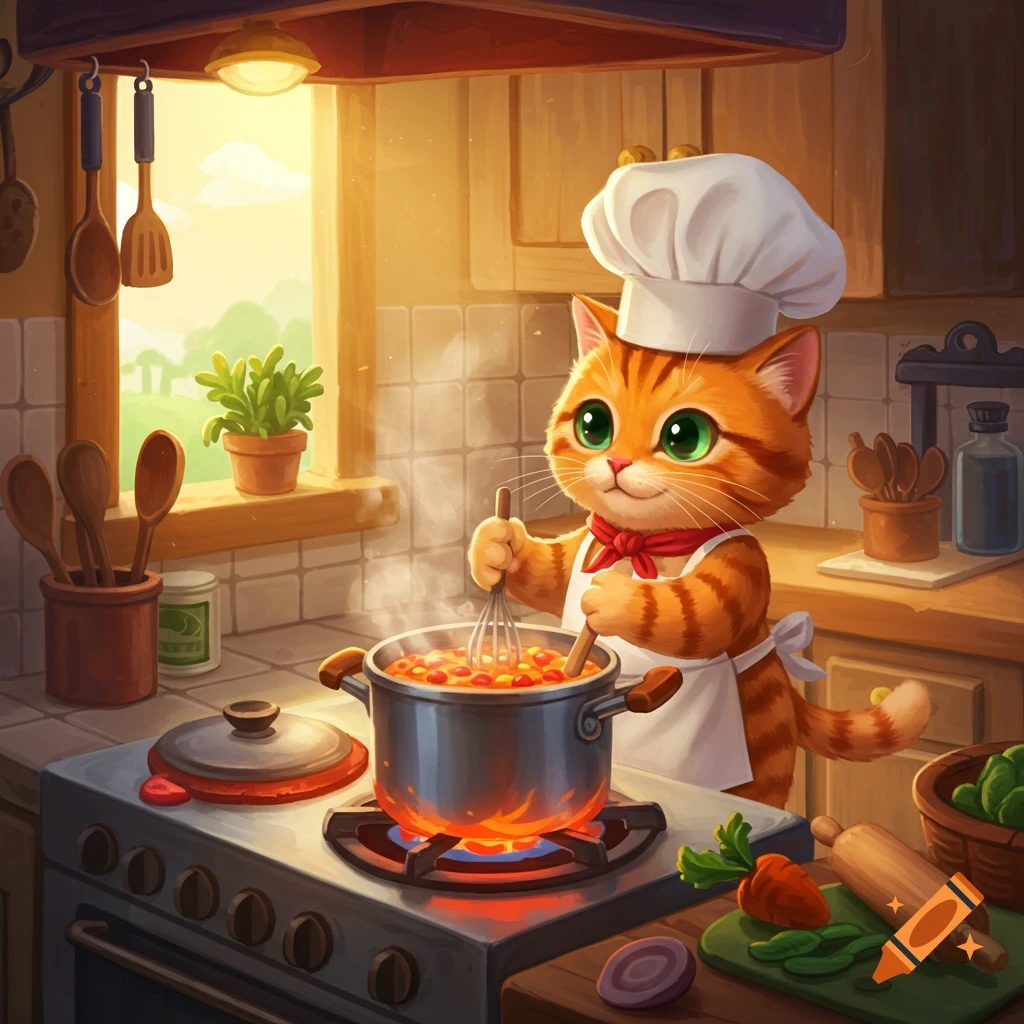 An orange tabby cat chef stirs a pot on a stove in a kitchen.