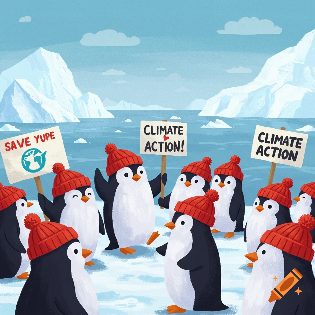 Penguins in red hats holding 'SAVE YUPE' and 'CLIMATE ACTION!' protest signs.