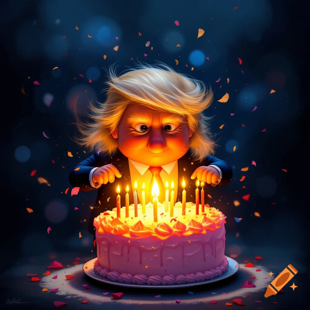 Cartoon figure resembling Donald Trump over a birthday cake with candles
