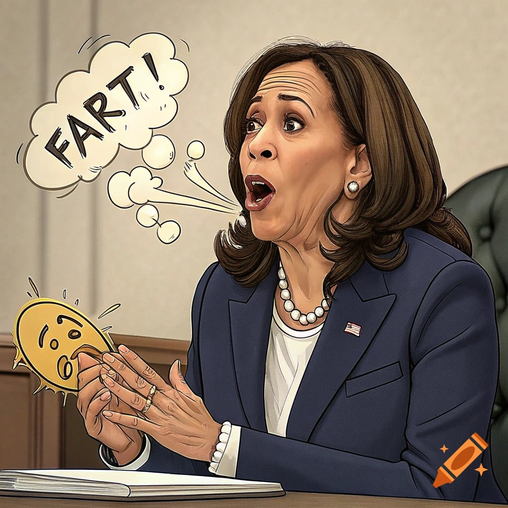 A cartoon illustration of Kamala Harris with a speech bubble saying "FART!".
