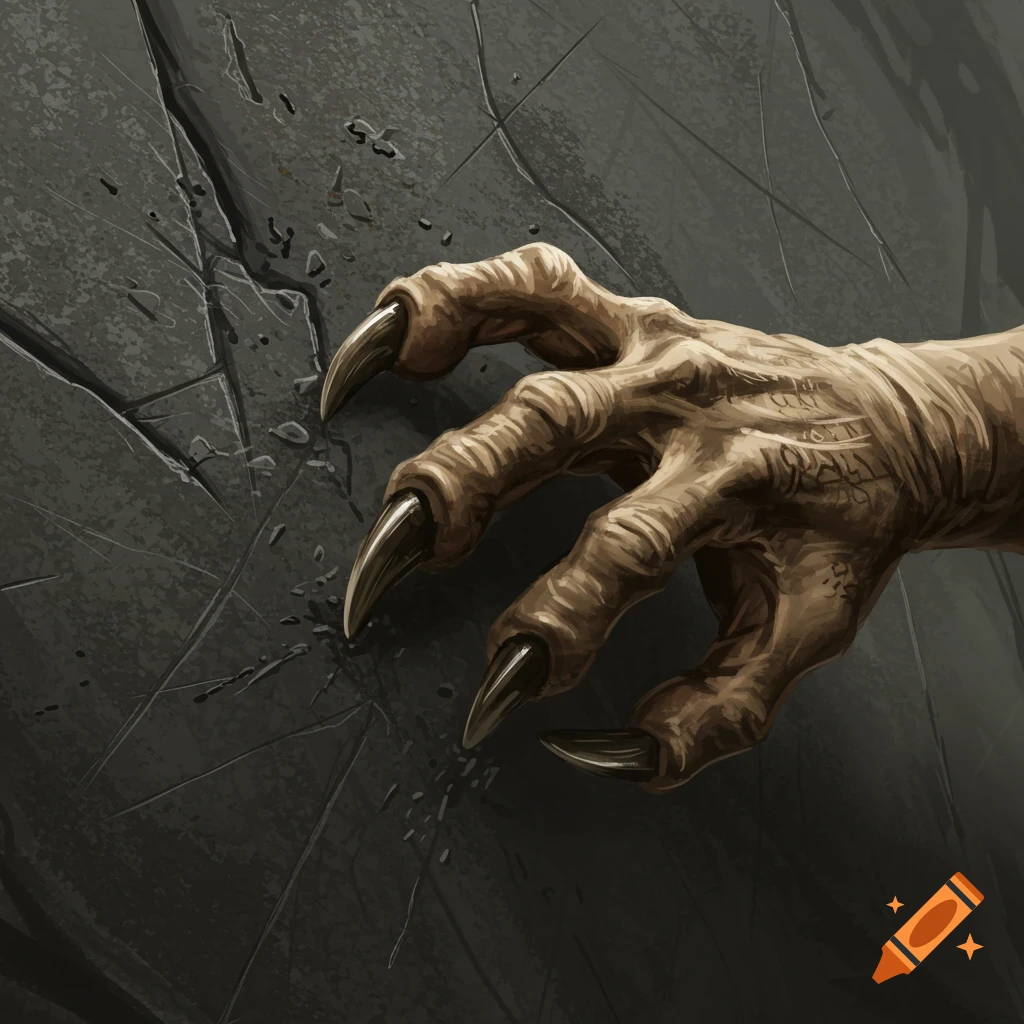 A dinosaur claw scratching a cracked wall.