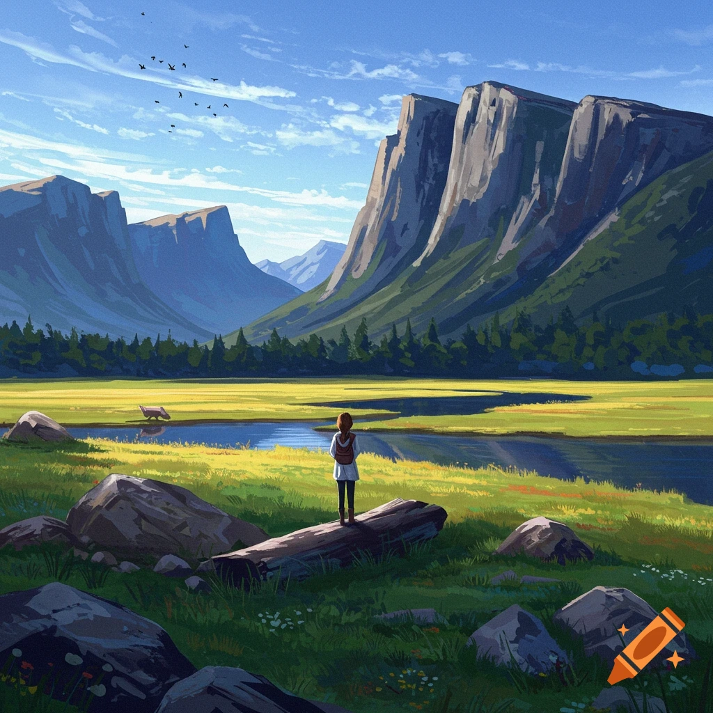A person stands on a log, gazing at a mountain landscape with a lake and birds.