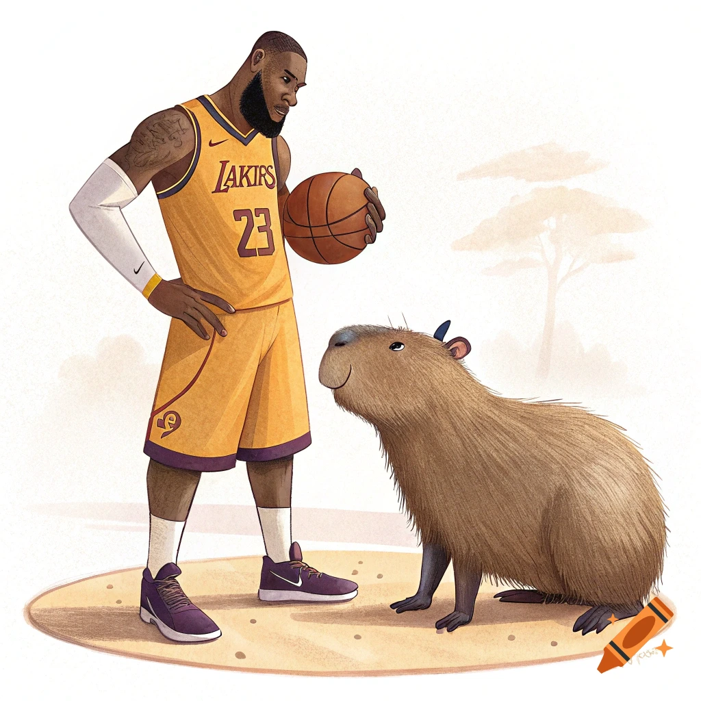 Illustration of LeBron James in a Lakers jersey holding a basketball, looking at a capybara in a sandy area.