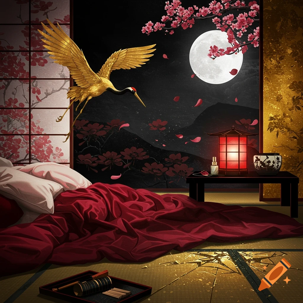 A Japanese-themed bedroom with a gold crane flying, red sheets, a red lantern, cherry blossoms, and a full moon.