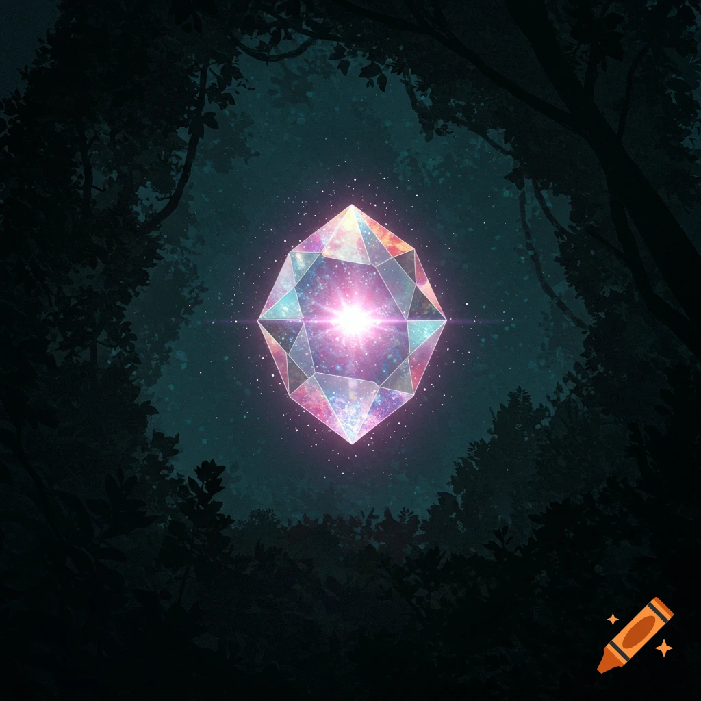 A glowing geometric crystal containing a galaxy floats in a dark forest.
