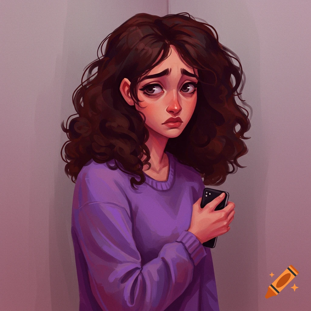 An insecure-looking woman in a purple sweater holding a phone.