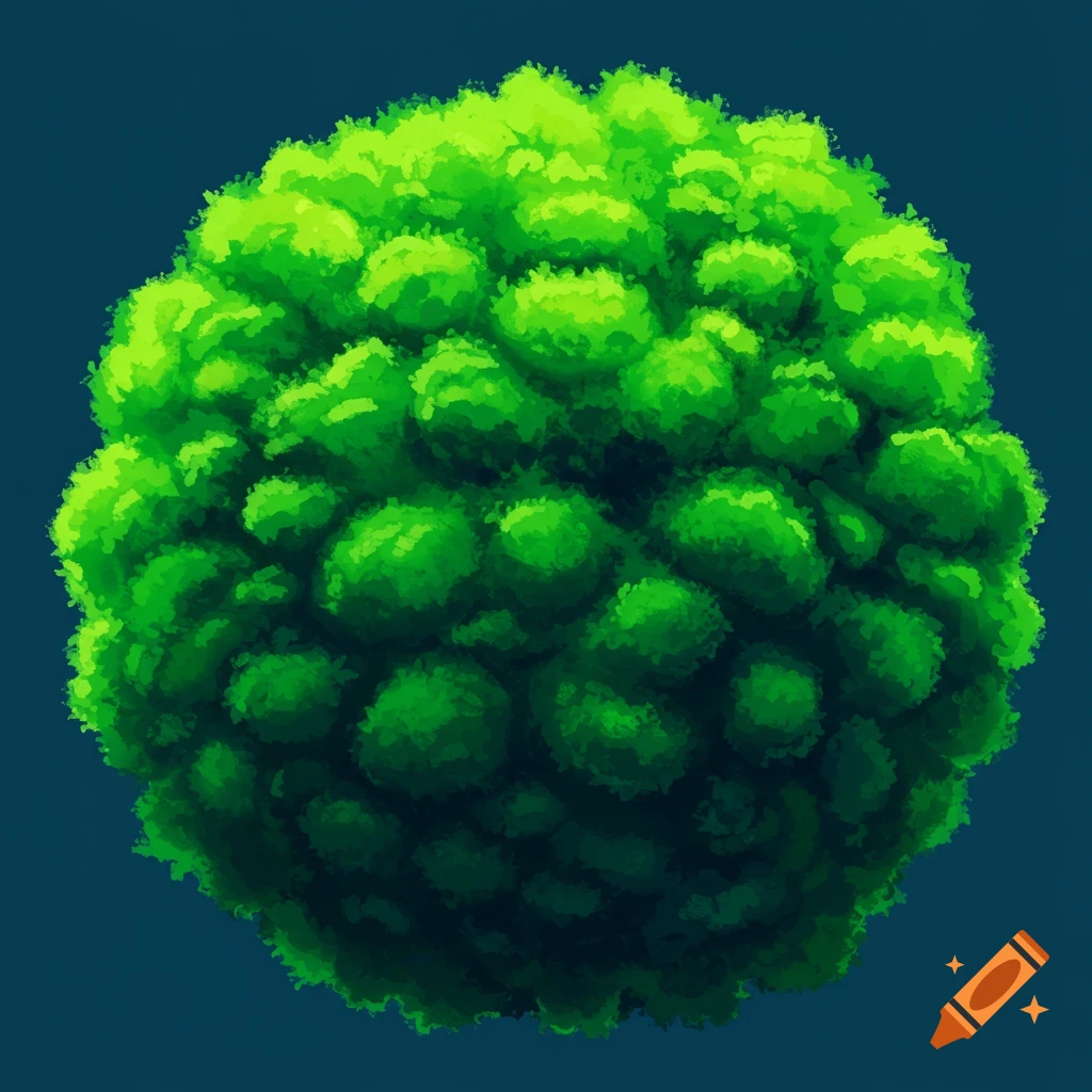A green, spherical, textured shape resembling broccoli or moss against a dark background.