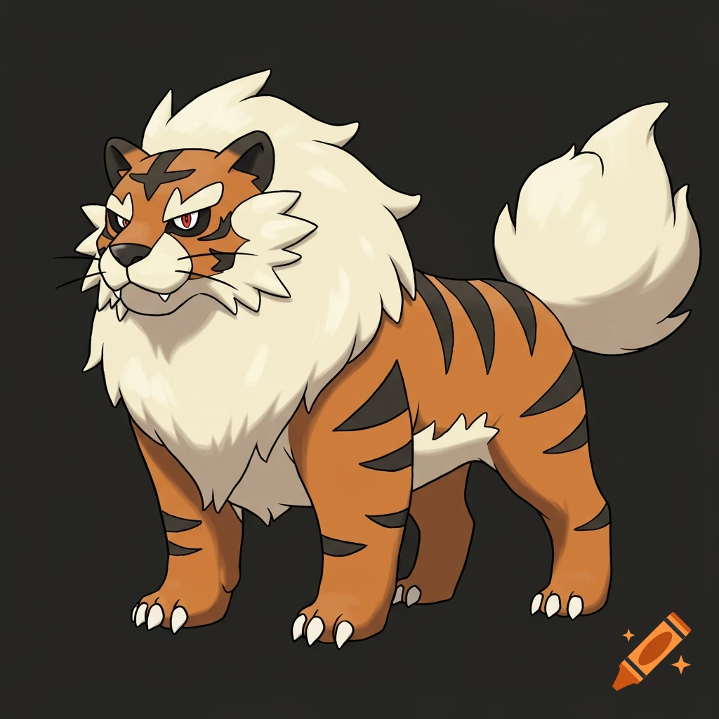 Illustration of a stylized orange and black striped creature with a white mane and tail.