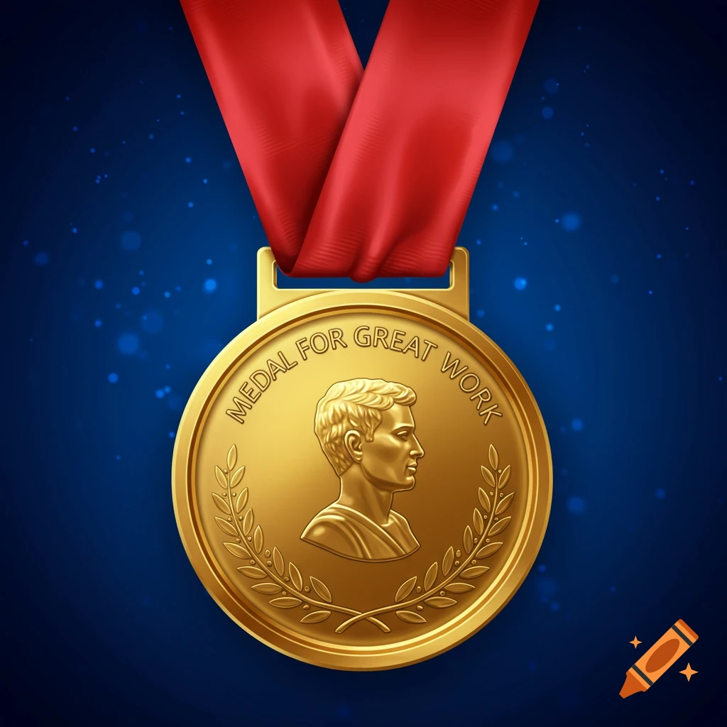 A gold medal with a bust and text hangs from a red ribbon against a blue background