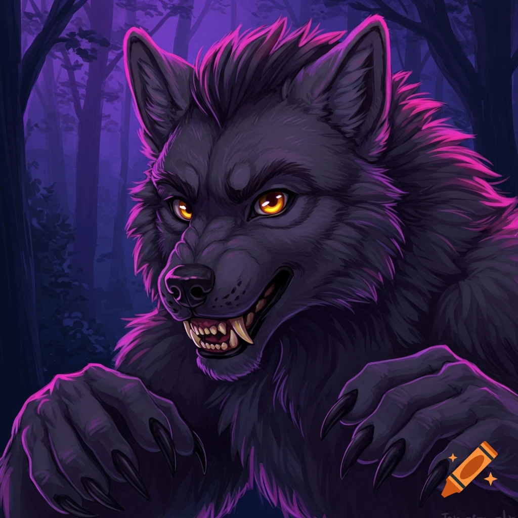 Close-up of a snarling werewolf in a forest