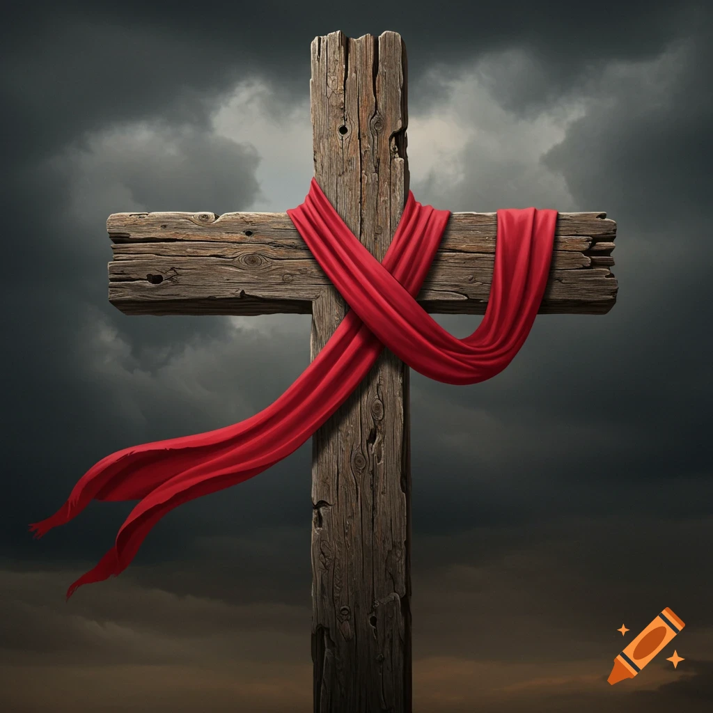 A rugged wooden cross draped with a red cloth against a dramatic stormy sky.