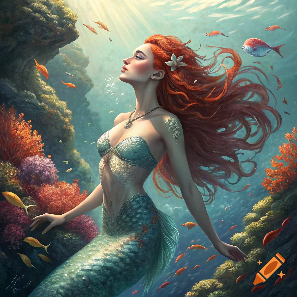 Redhead mermaid underwater among coral and fish