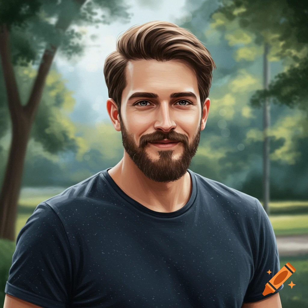 A smiling man with a beard in a park.