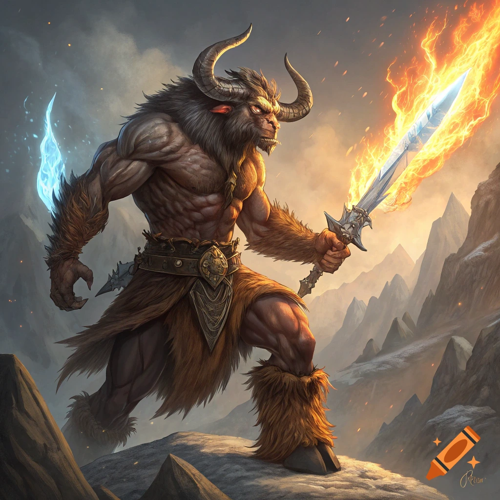 A powerful minotaur warrior stands in a mountain landscape, holding a sword wreathed in fire and another emitting ice.