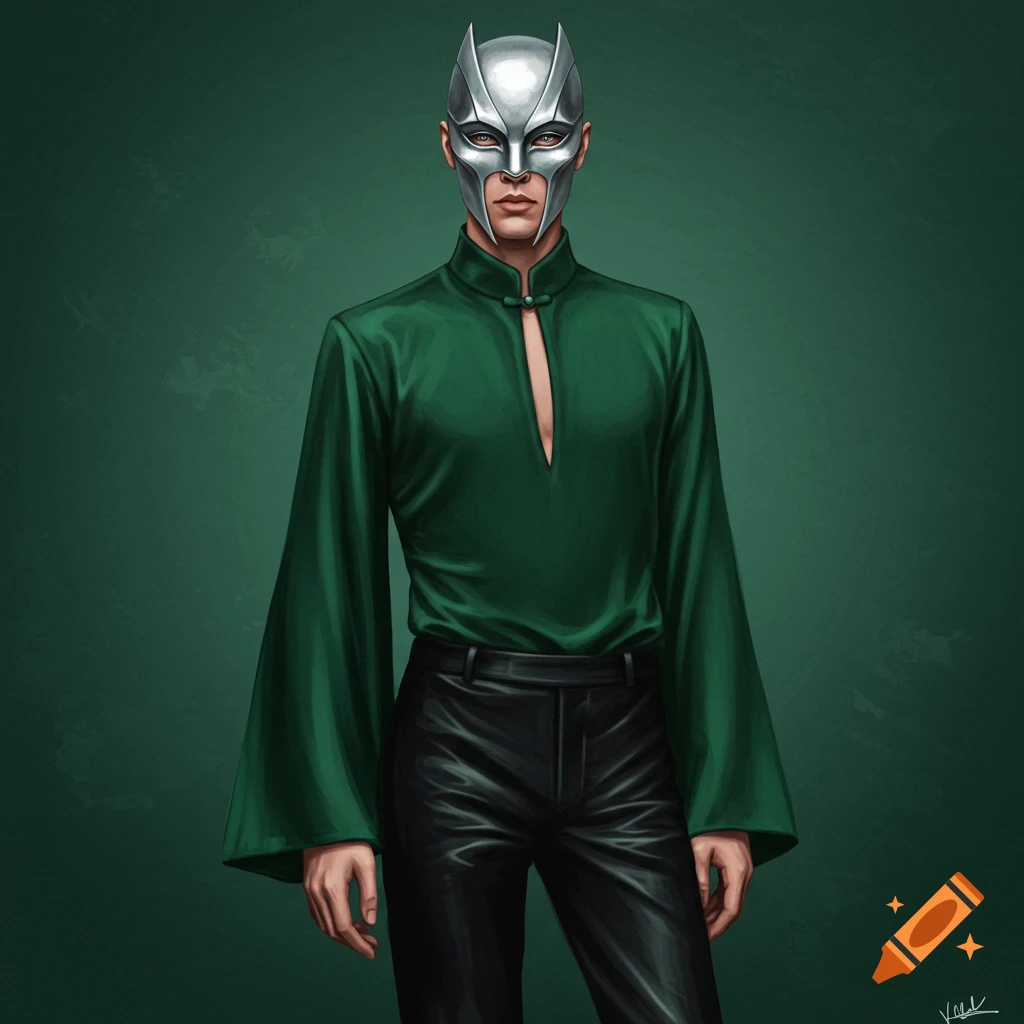 A person wearing a silver mask, green flowing shirt, and black leather pants.
