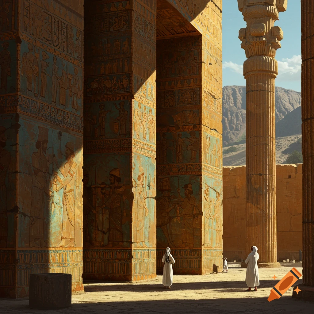 Ancient ruins with large carved columns, figures in robes, and mountains in the background.