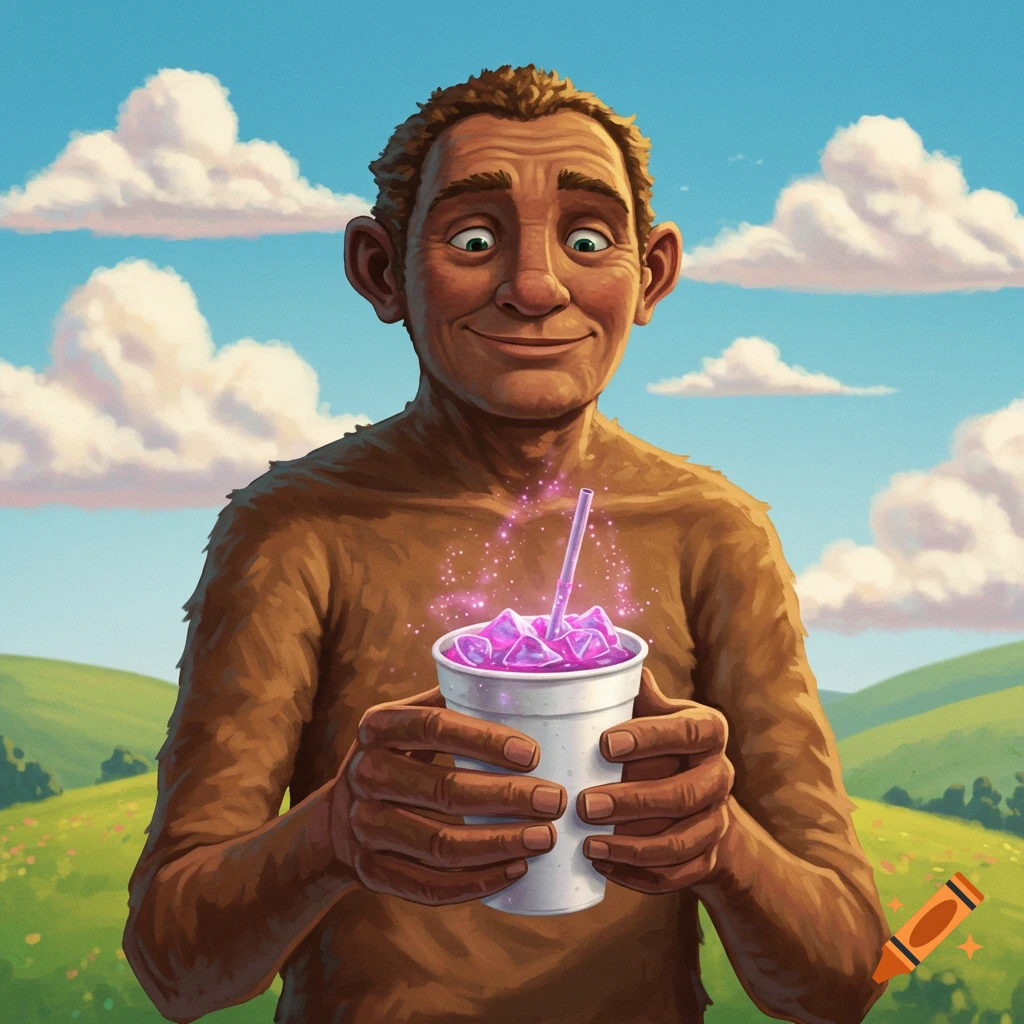 A smiling giant-like creature holding a glowing purple drink in a field.