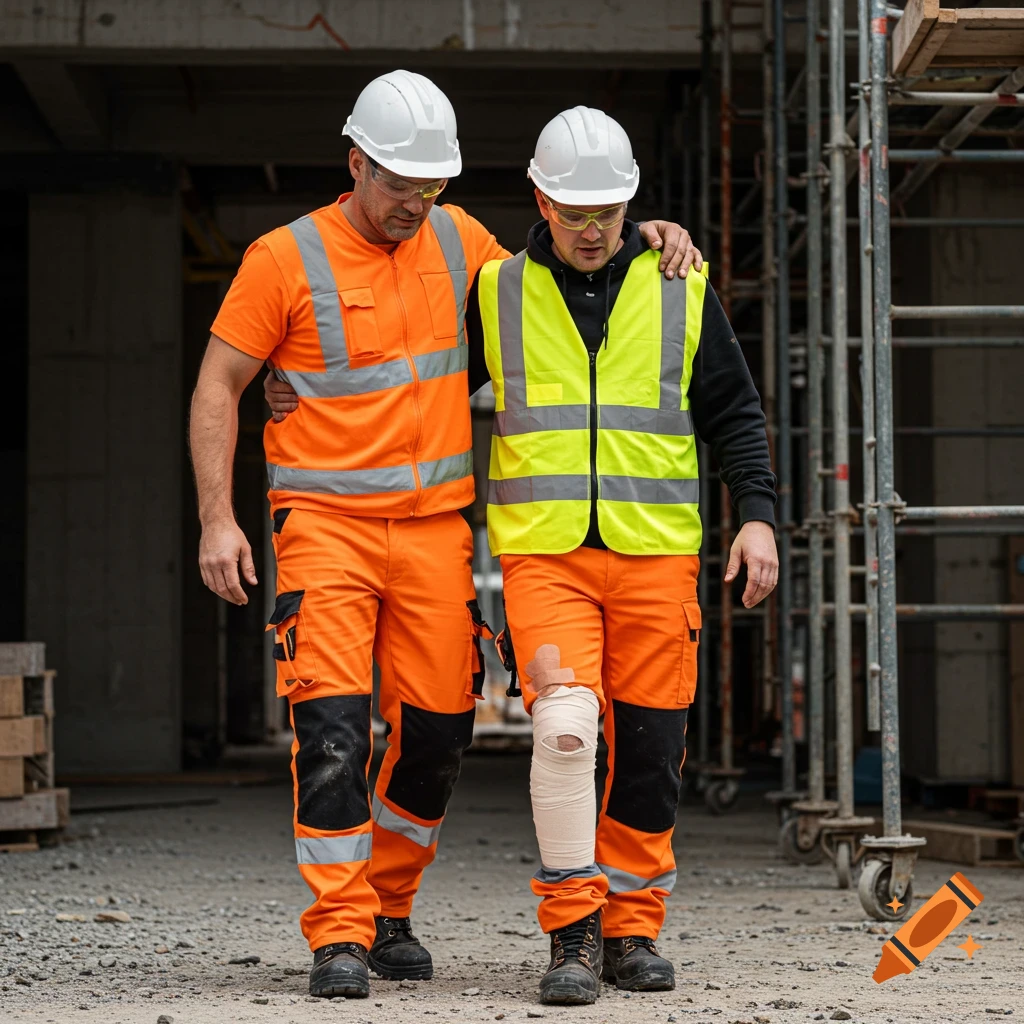 Two construction workers walk together on a construction site, one worker assisting the other who has a bandaged knee.