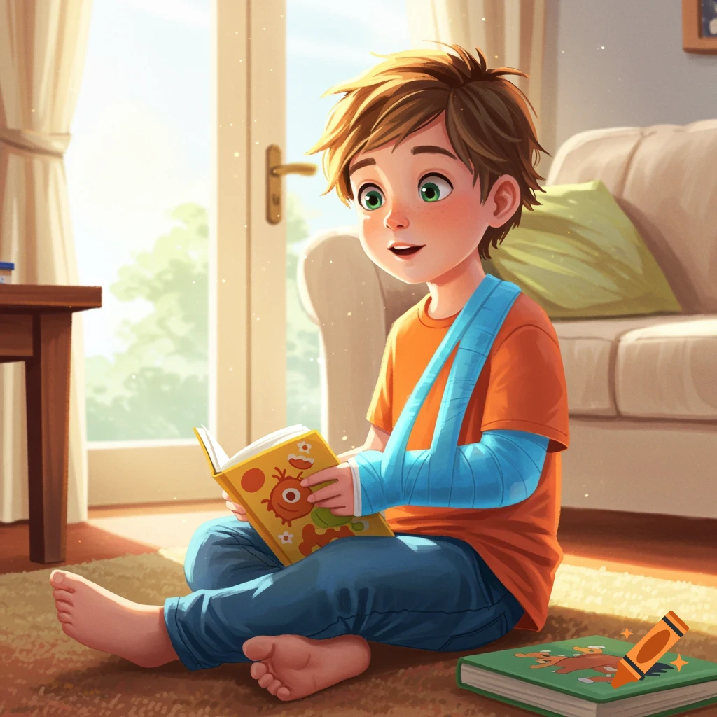 A young boy with a cast reads a book on the floor in a sunny room.