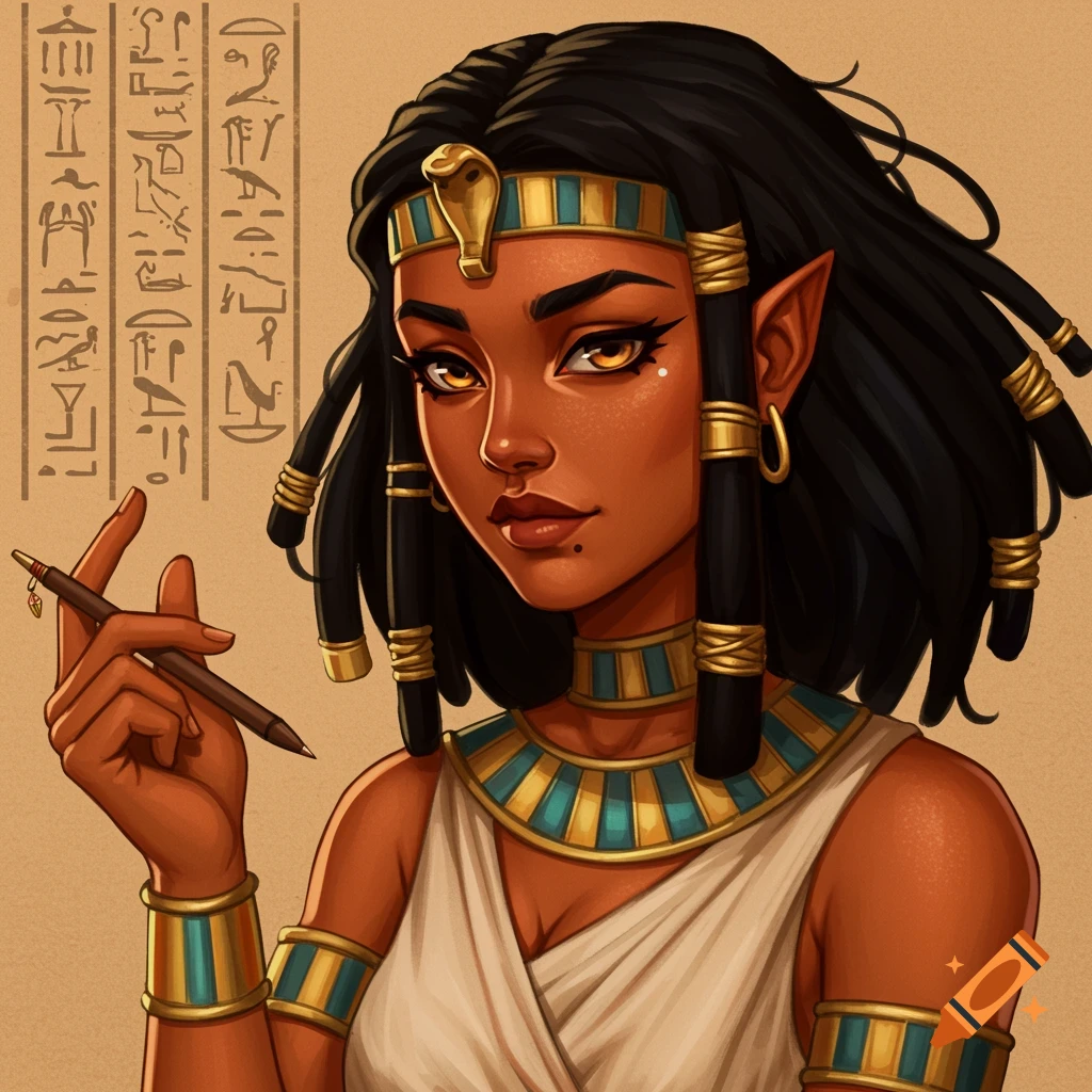 Portrait of a woman in ancient Egyptian style, holding a pen, with hieroglyphs on the left.