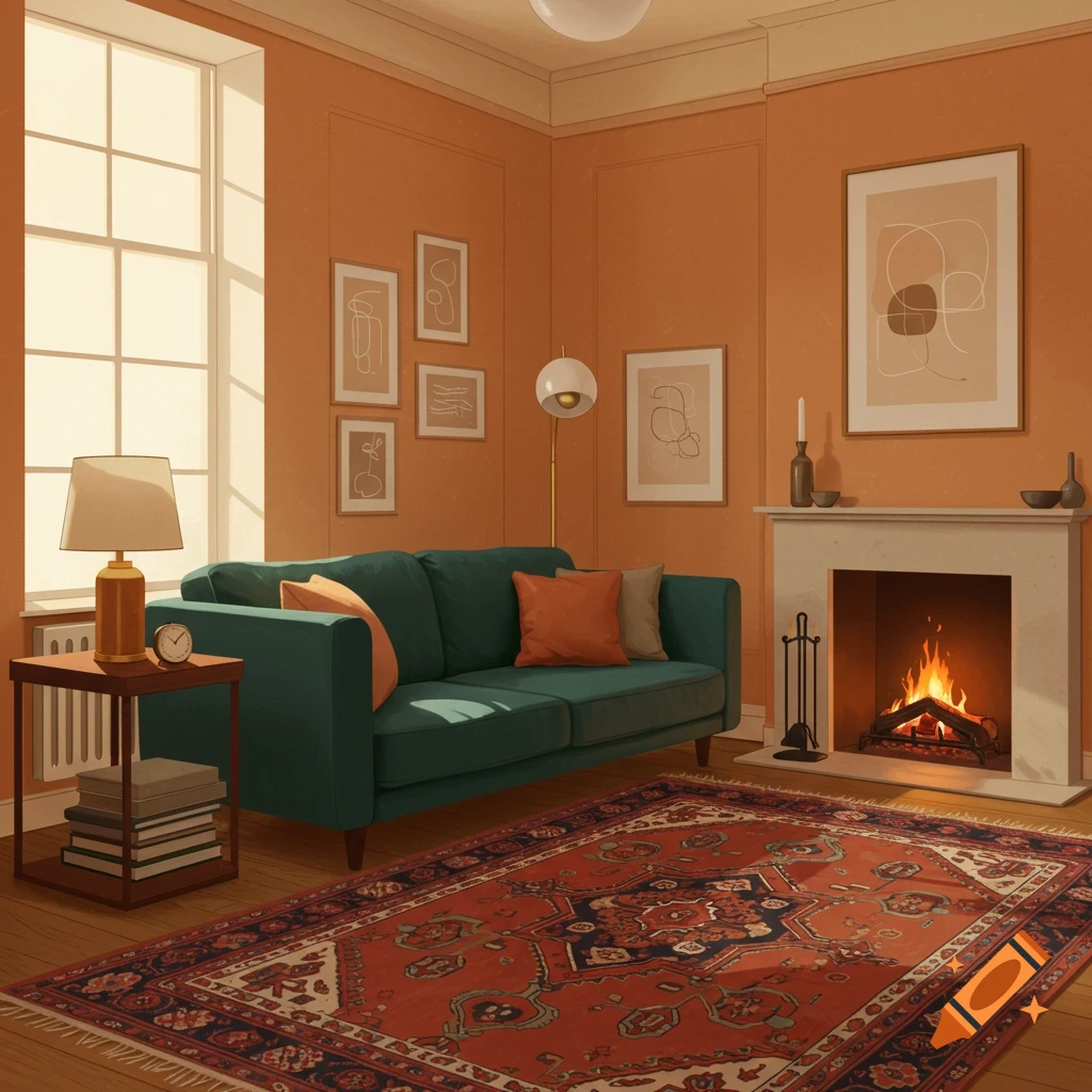 A cozy living room with a fireplace, a teal couch, and warm lighting.