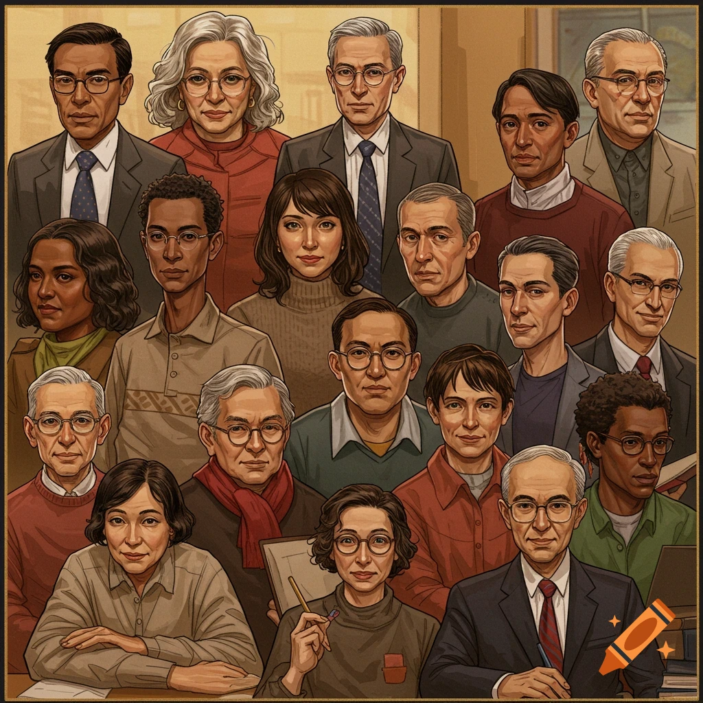 A large group of diverse people, depicted as professors, posing for a portrait in an academic setting.
