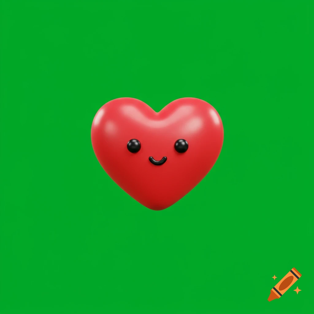 A red cartoon heart with a smiley face on a green background.