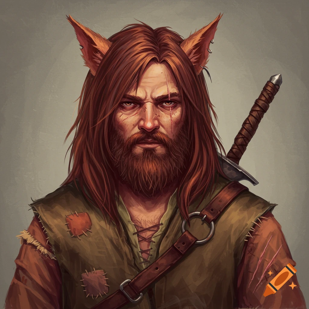 Portrait of a fantasy character with wolf ears, beard, scars, and a sword.