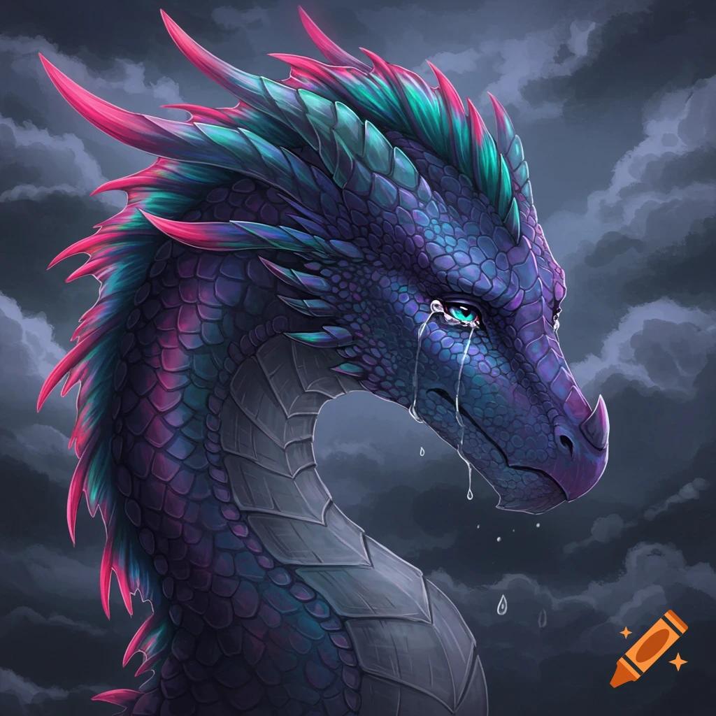 A sad dragon with purple, blue, and pink scales crying.