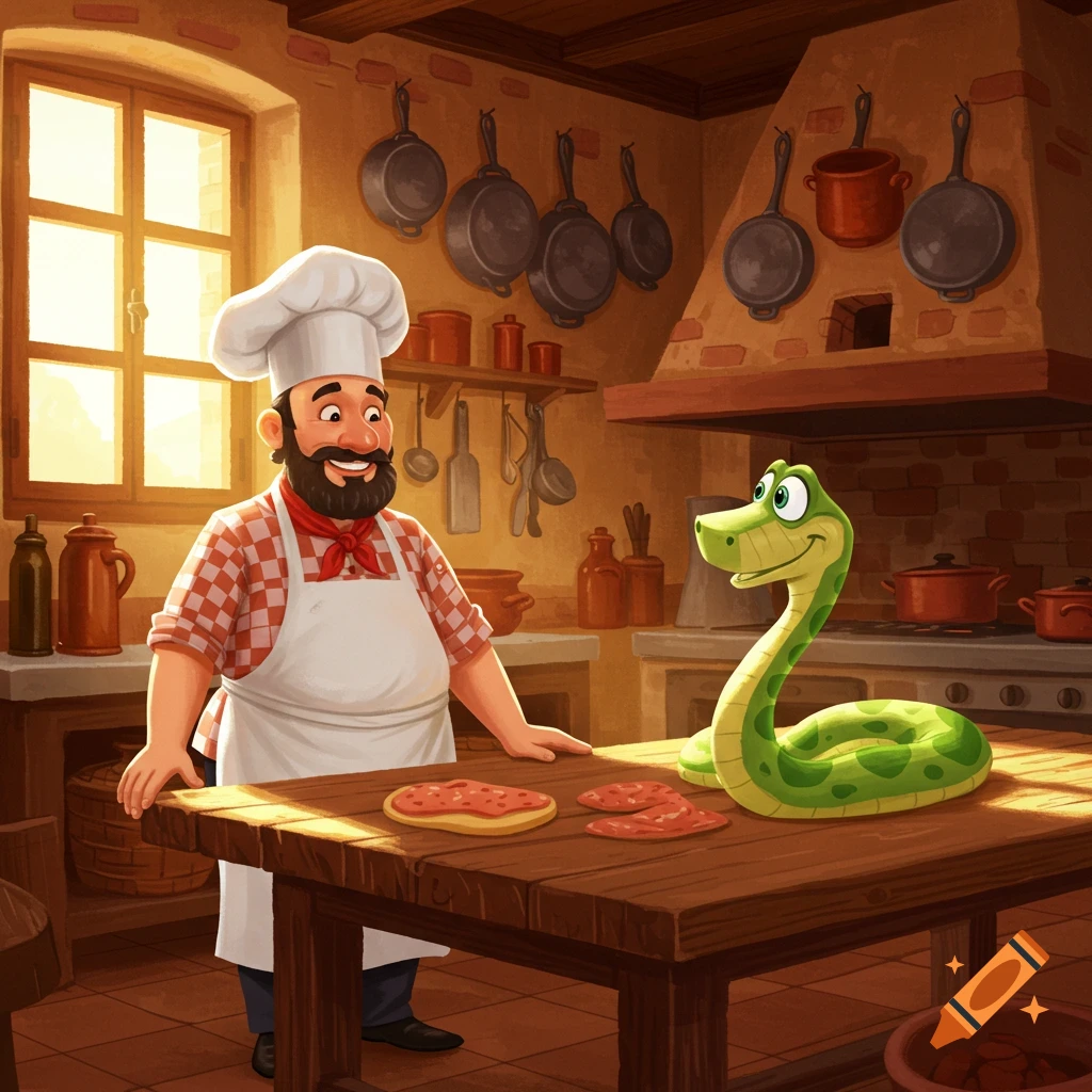 A cartoon chef smiles at a green snake in an Italian kitchen with pans hanging.